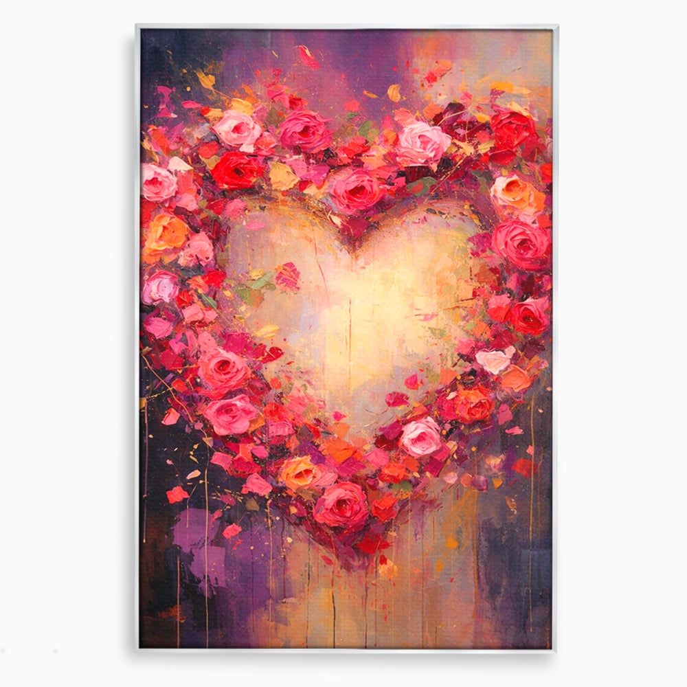 Tablou canvas cu tablou canvas cu inima din trandafiri, in rama de aluminiu argintiu
